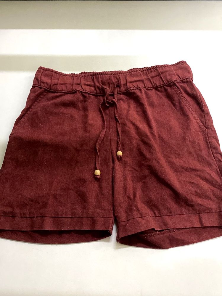 Maroon Linen Blend Drawstring Shorts