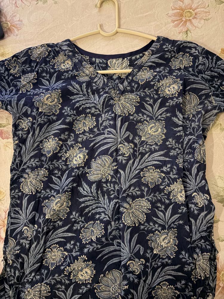 Navy Floral Print Kurta