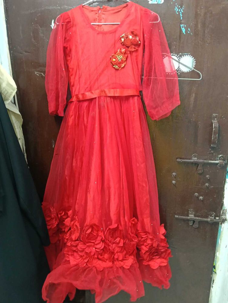 Stunning Red Net Gown with Floral Embellishments