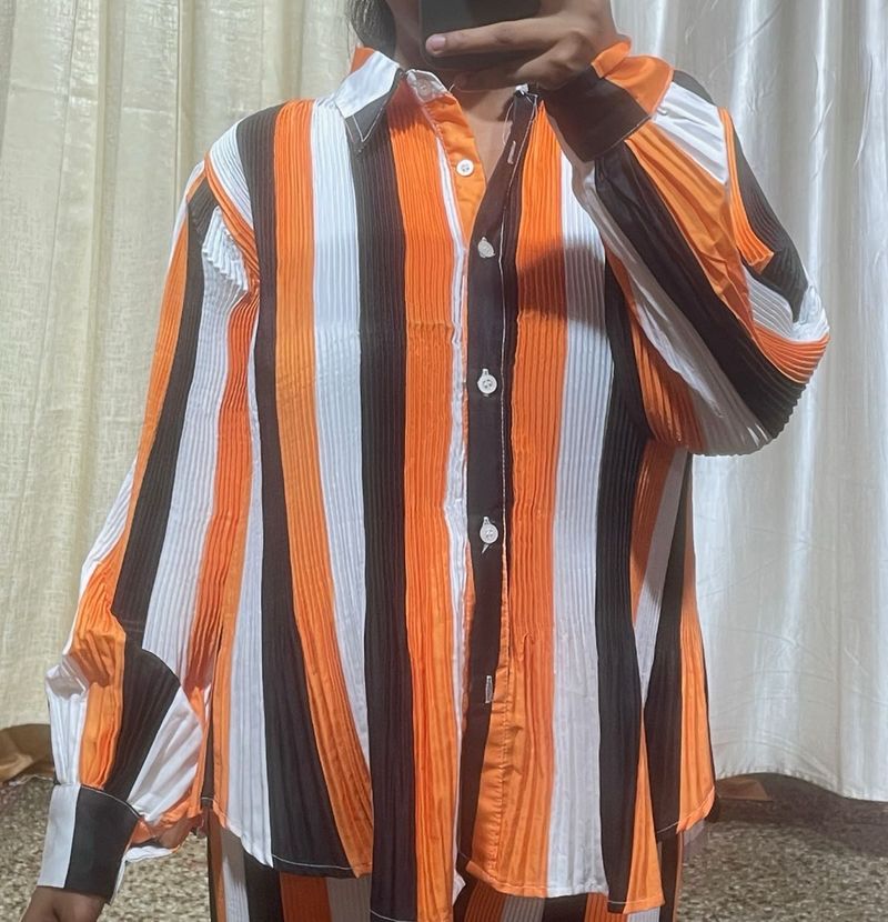 Striking Pleated Striped Button-Up Top