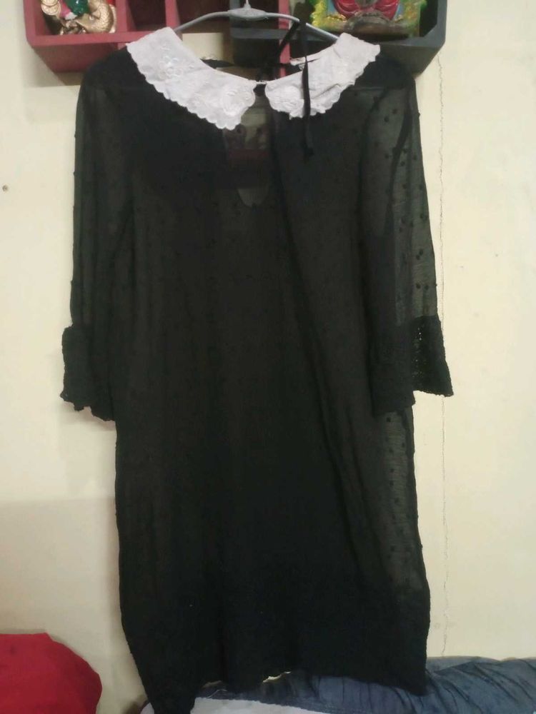Sheer Black Dress with White Collar