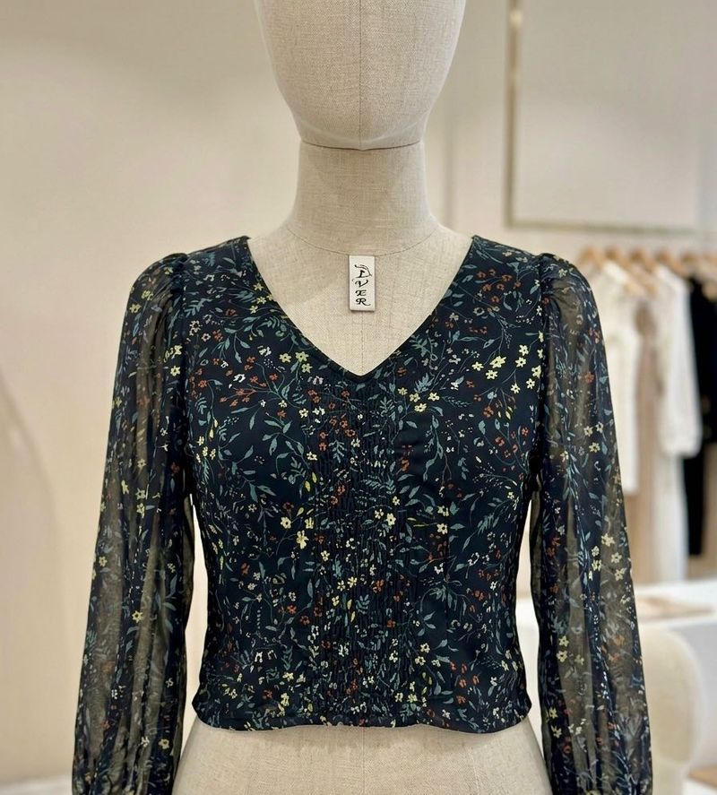 Chic Floral Print Sheer Sleeve Top