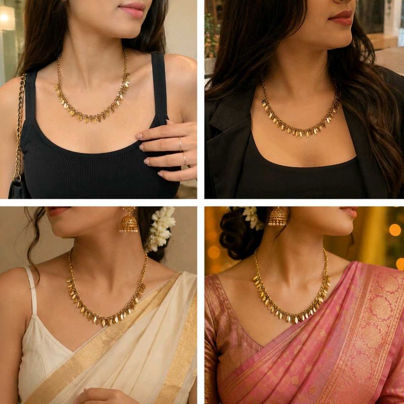 Stylish Antique Gold Leaf Drop Chain Necklace for