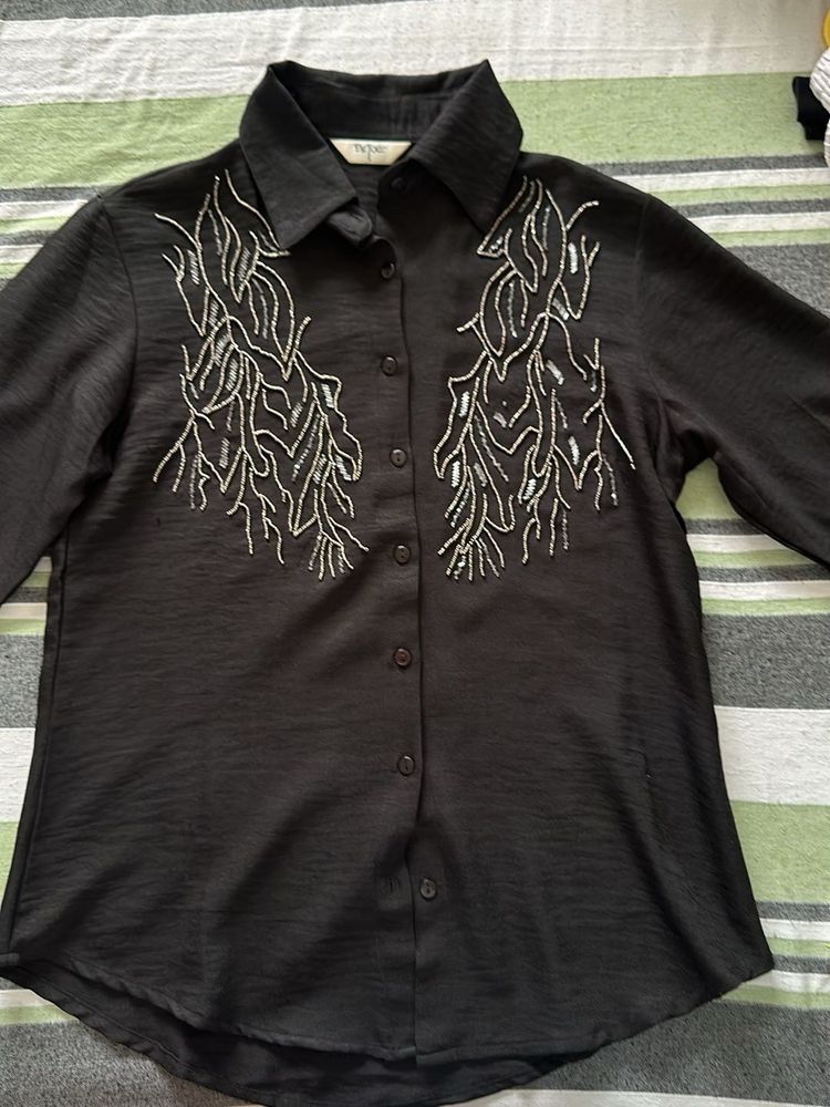 Black Beaded Collared Shirt