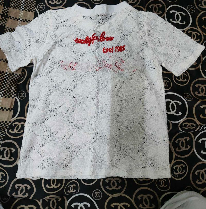 Lace Top with Embroidered Text