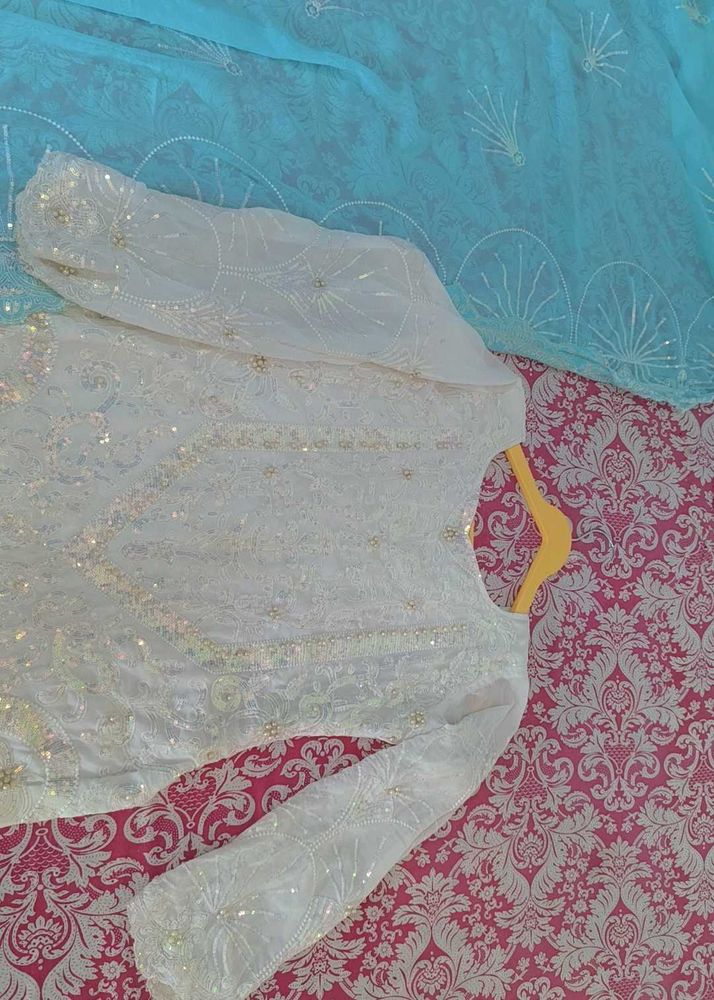 White full pakistani Sequined Kurta and dupatta on