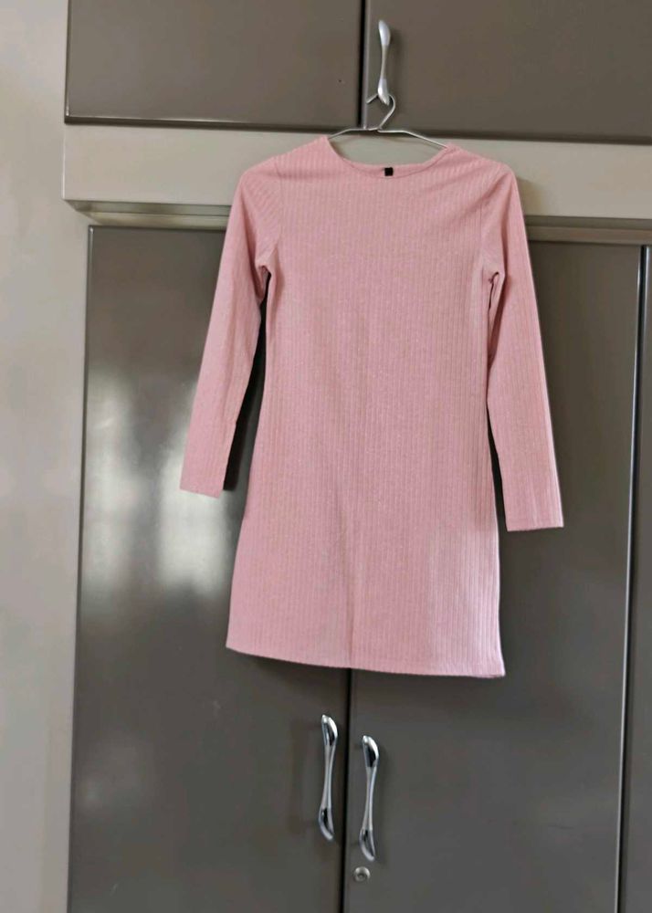 Pink Ribbed Long Sleeve Mini Dress