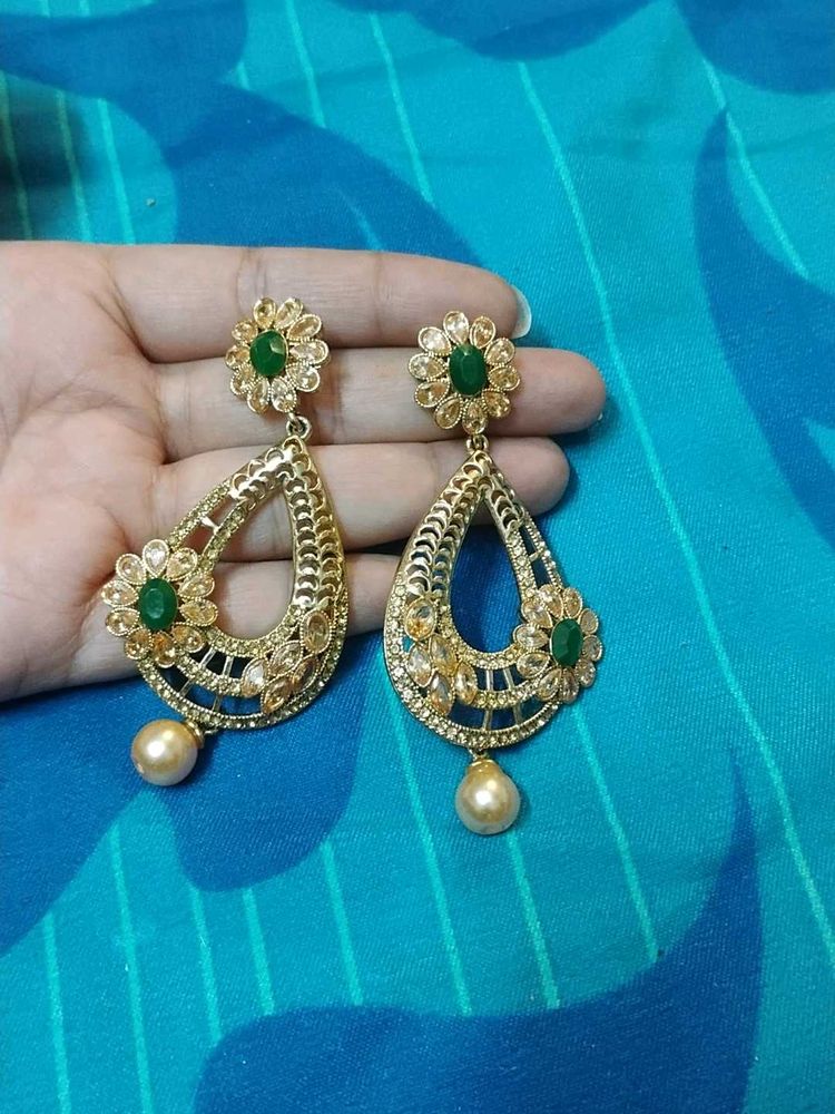 Designer Gold Tone Green Stone Earrings