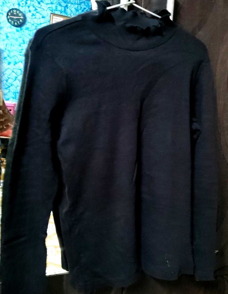 Navy Blue Turtleneck Top with Ruffle Neck