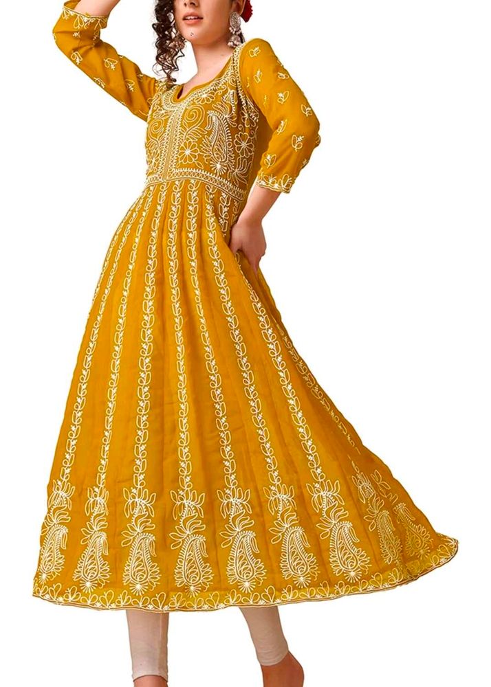 Yellow Anarkali Kurta with White Embroidery