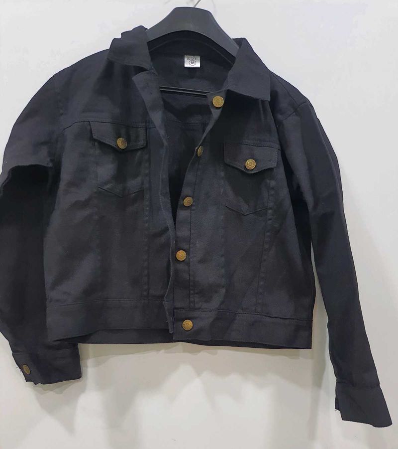 Black Denim-Look Cotton Blend Jacket