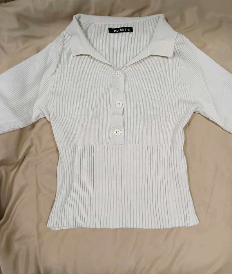 White Ribbed Collared Top with Buttons