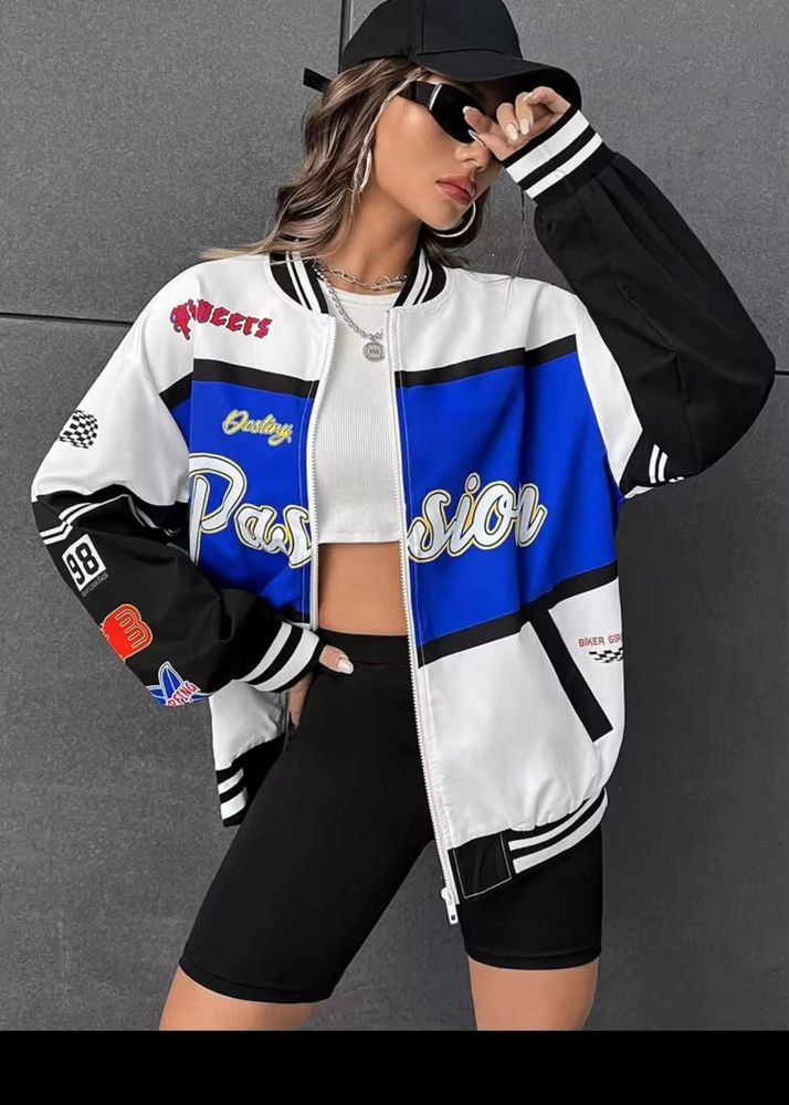 SHEIN Letter Graphic Colorblock Bomber Jacket