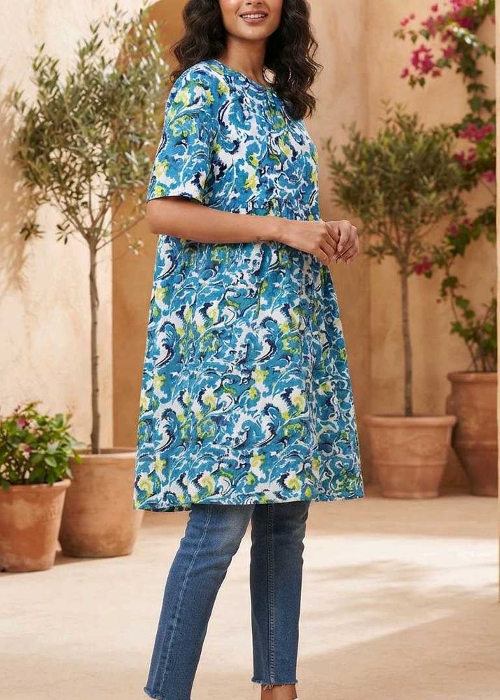 Blue &amp; White Printed Kurta