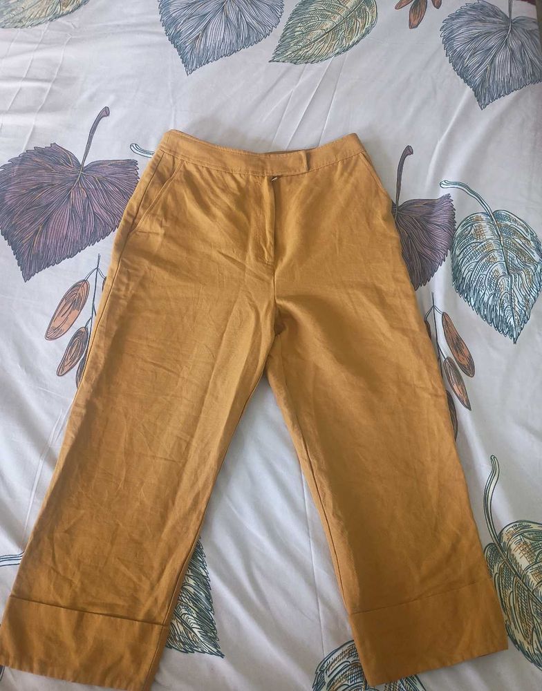 Mustard Yellow Cropped Wide-Leg Pants