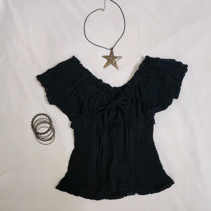 Black Off-Shoulder Smocked Top