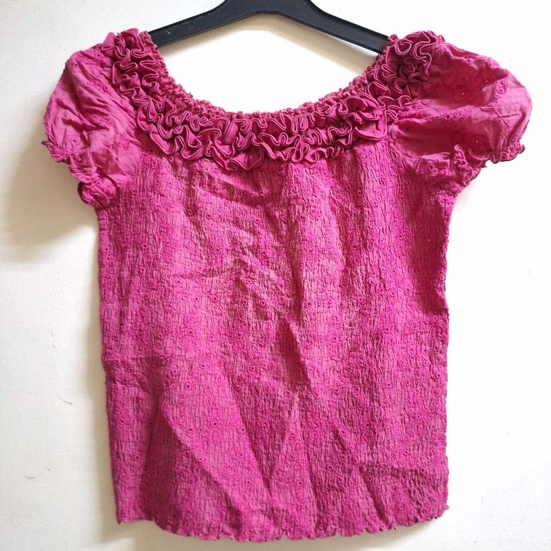 Ruffled Neck Pink Broderie Anglaise Top