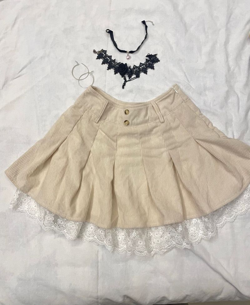 cute Corduroy Mini Skirt with Lace Trim
