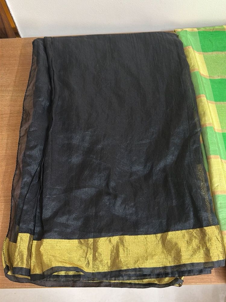 Elegant Black Golden Border and Green saree