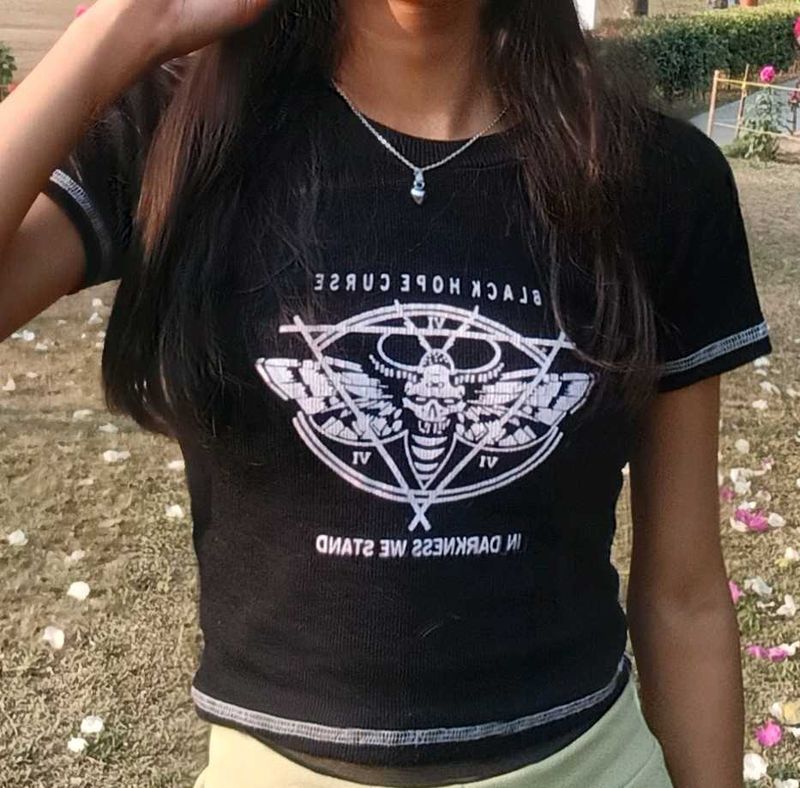 Black Graphic Print Crop Top