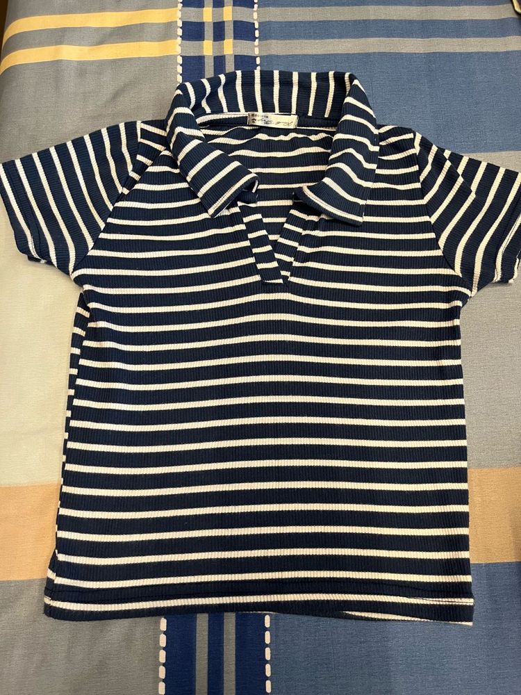 Striped Polo Neck Top