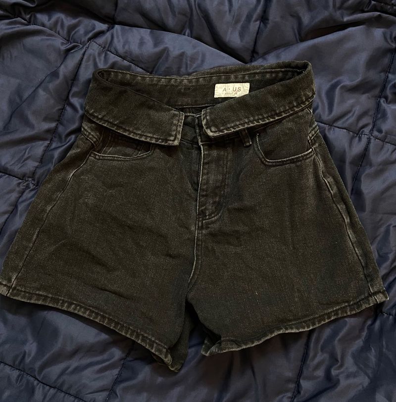 High-Waisted Charcoal Denim Shorts