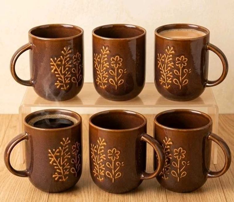 Set of 6 Brown Floral Ceramic Mugs