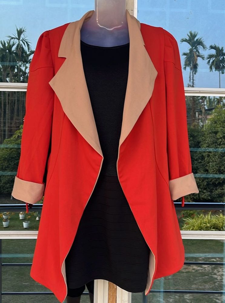 Chic Red &amp; Beige Open Front Coat 2peice Set Dress