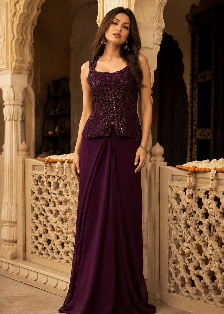 purple color indo western crop top with flowy skir