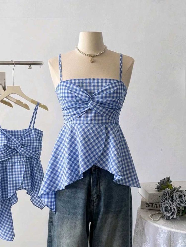 Gingham Twist Front Peplum Top