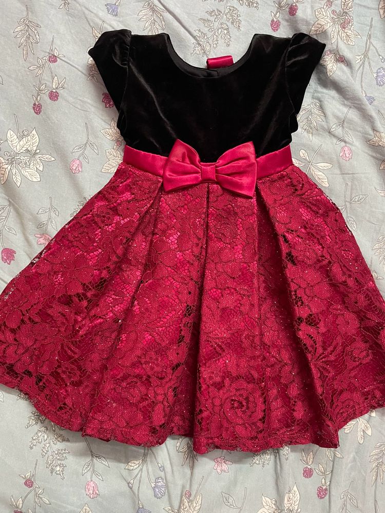 Girls Black Velvet &amp; Red Lace Dress