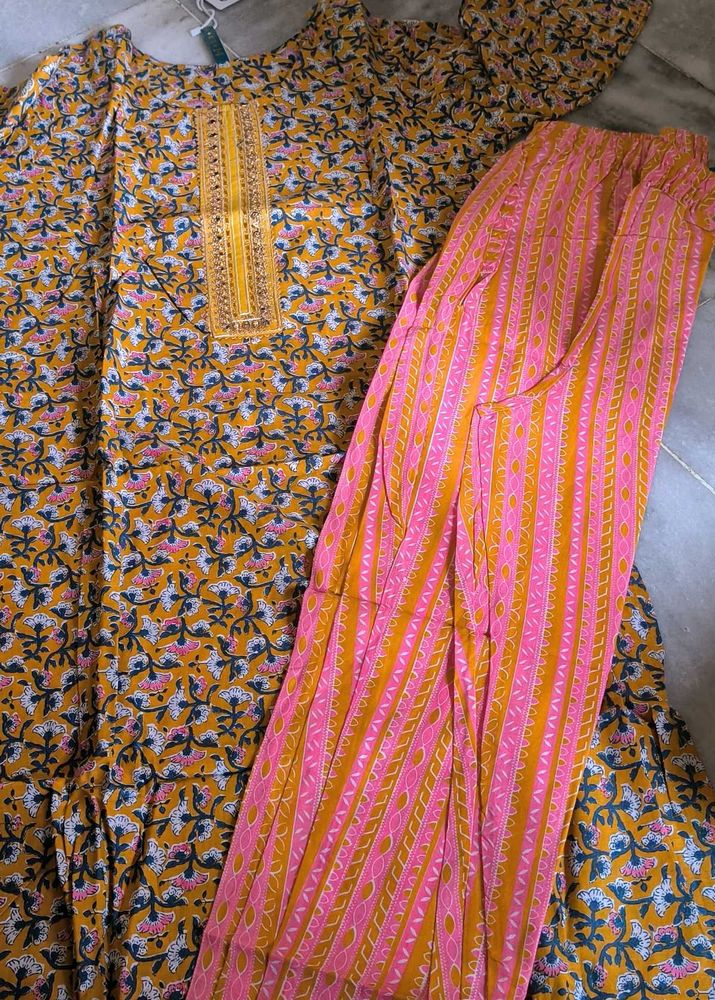 Mustard Floral Kurta Set with Pink Palazzo