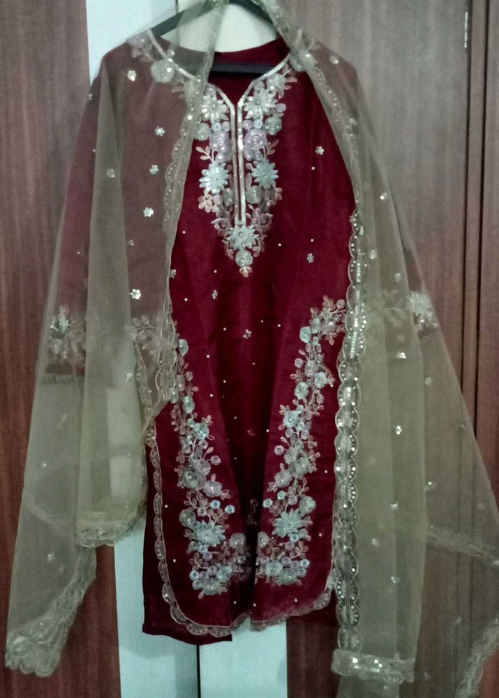Embroidered red Kurta with plazo and dupatta