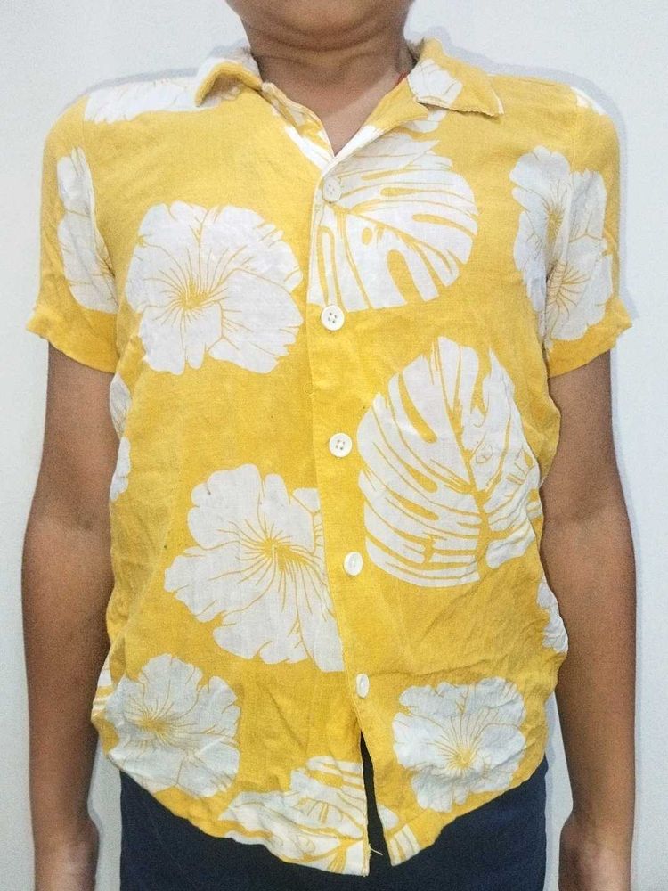 Yellow Floral Print Short Sleeve Shirt