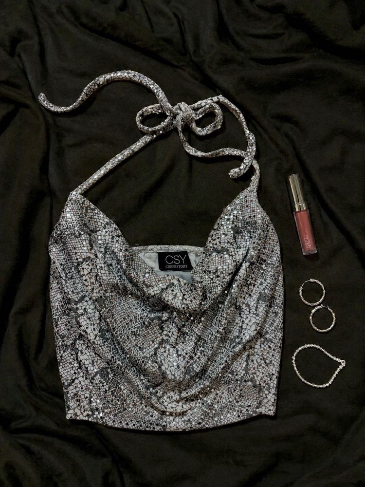 Sparkling Silver Snake Print Halter Top