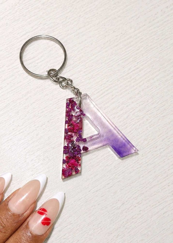 Letter A Resin Keychain with Dried Flowers