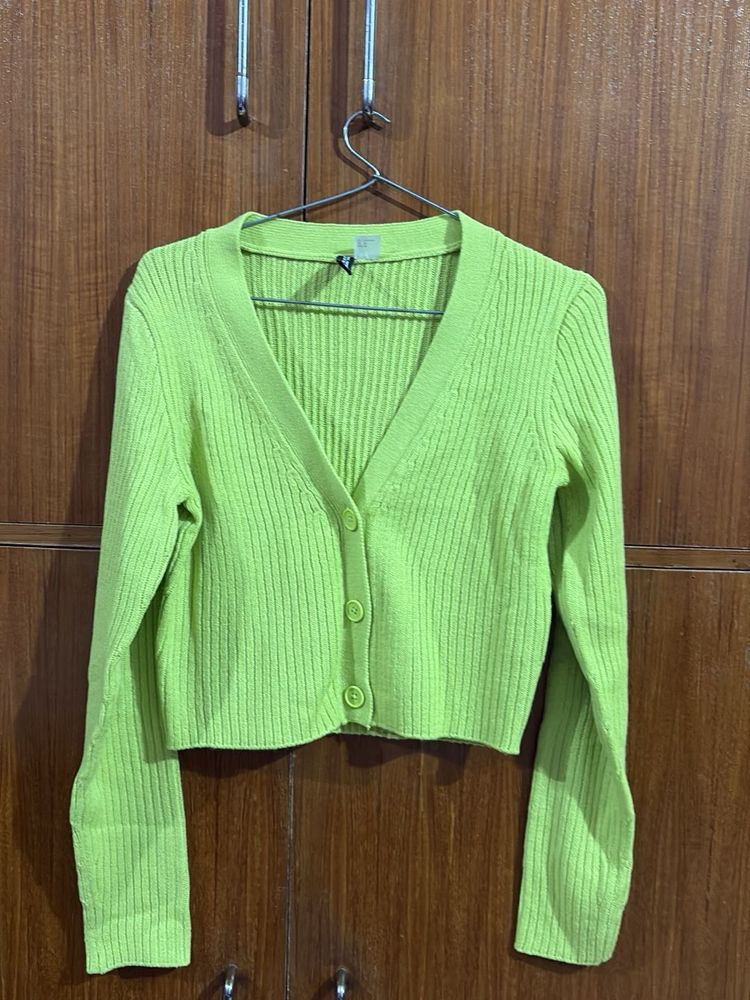 Lime Green Ribbed Cropped Cardigan