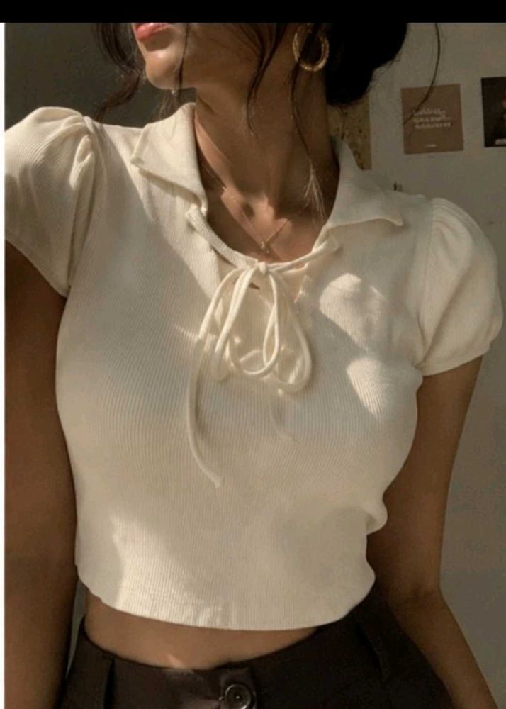✨ White  Ribbed Puff Sleeve polo Crop  Top 🎀