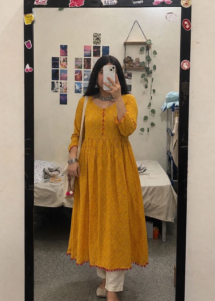 Yellow Printed Anarkali Kurta