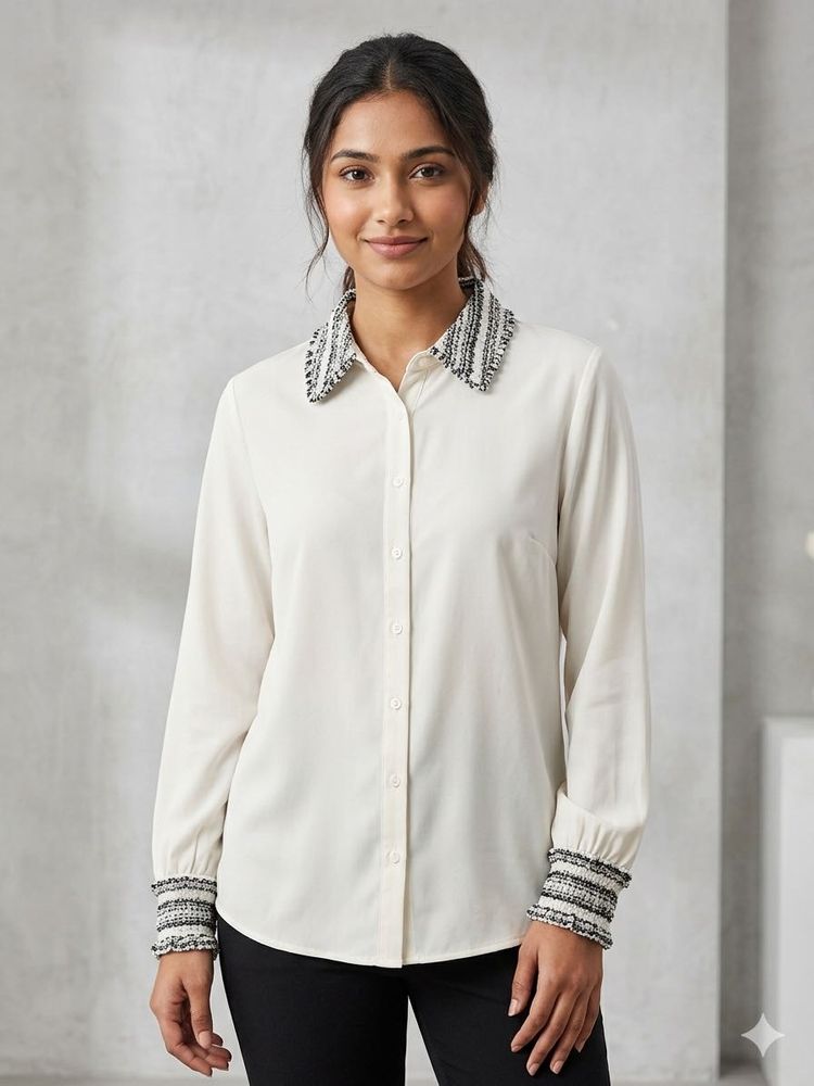 Cream korean top with Embellished Collar &amp; Cuffs