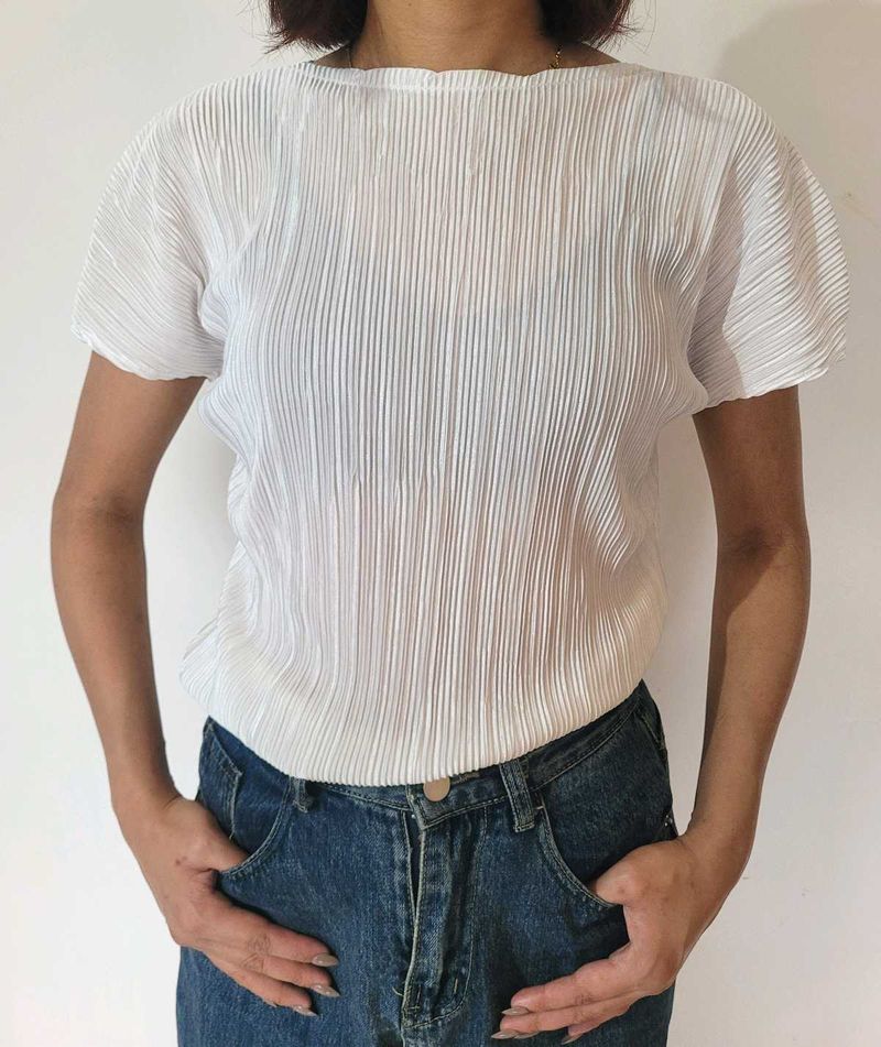 Pleated White Tunic Top