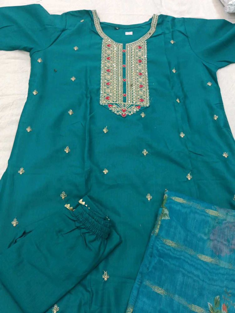 Beautiful Teal Embroidered Kurta Set with Dupatta