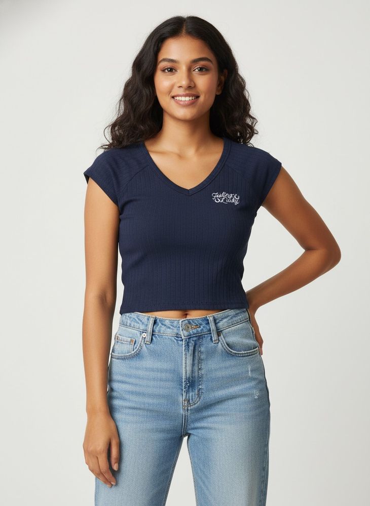 SALE - Navy Blue "Feeling Lucky" Crop Top