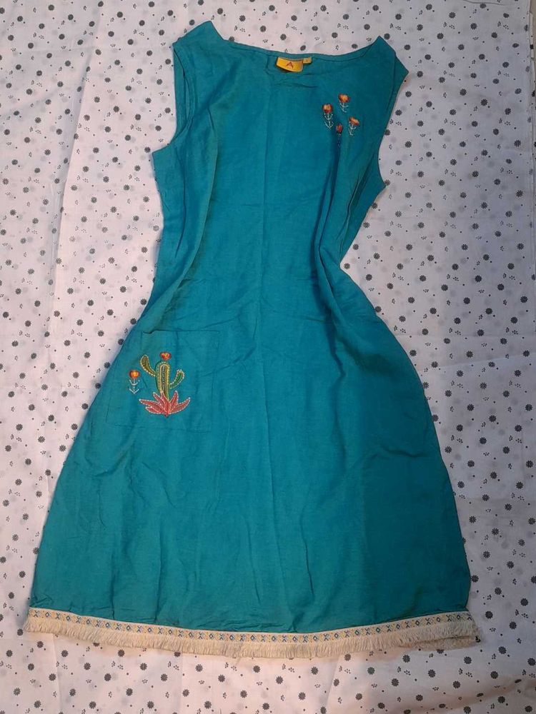 Teal Embroidered Casual Dress
