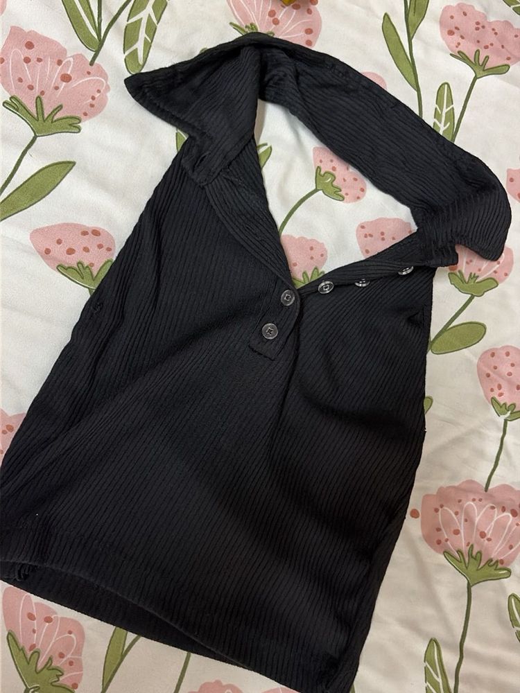 Black Ribbed Button-Up Top
