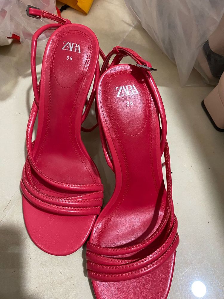 Zara Red Heeled Sandals - Size 36