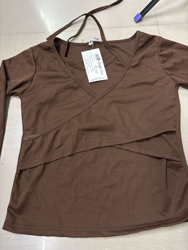 Brown Long Sleeve Crop Top