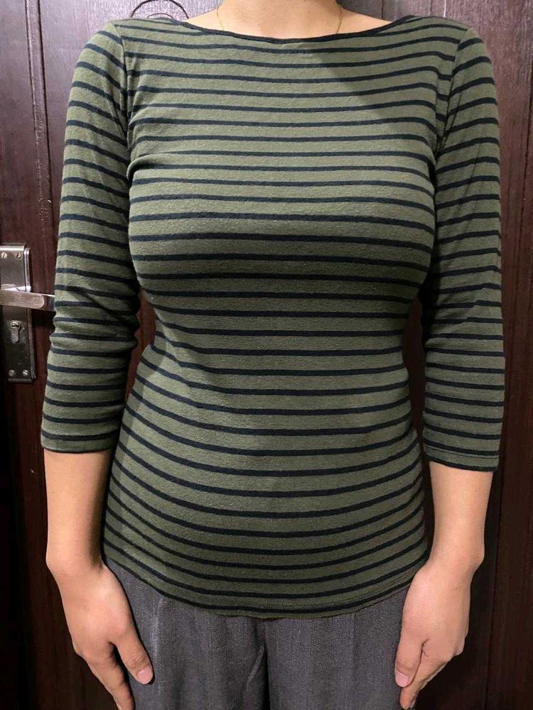 zara Striped Olive Green Top
