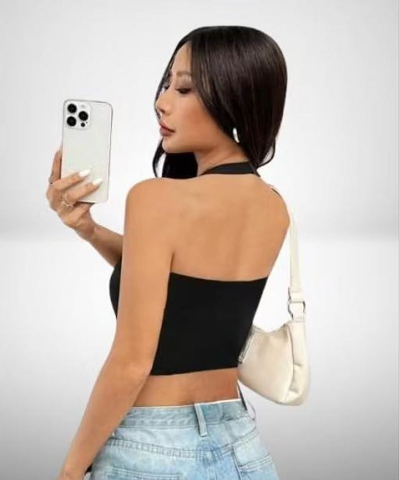 Korean Black Ribbed Halter Neck Zip Top