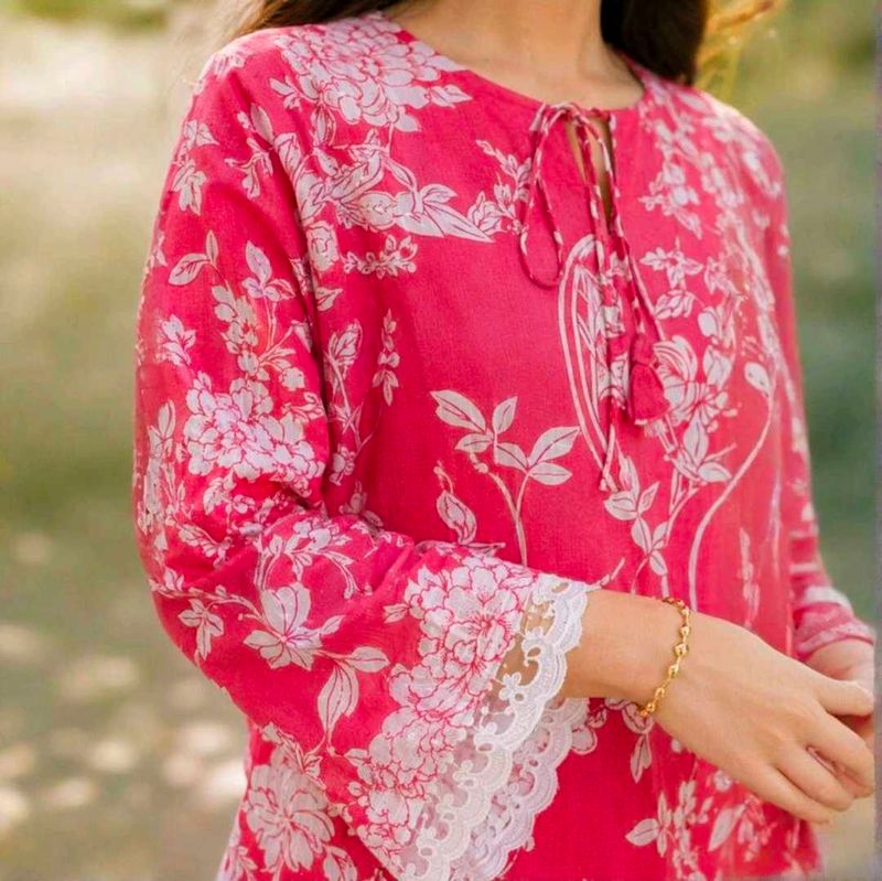 Vibrant Pink Floral Print Short Kurta